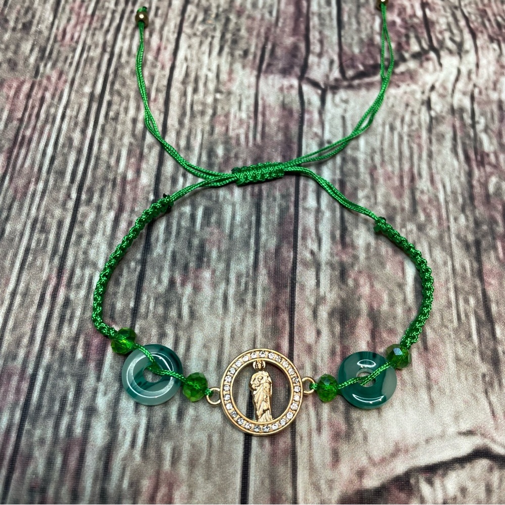 San Judas Tadeo Green String Adjustable Bracelet - Picture 5 of 6